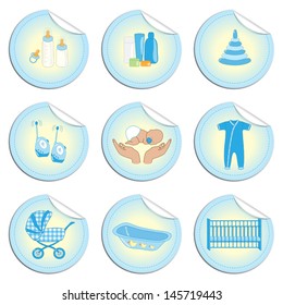 Set of cute newborn baby objects as icons for internet shop or stickers for scrap booking or other decoration