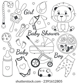 Set of cute newborn doodles. Baby shower, girl, boy, toddler.
Pacifiers, stroller, cute lion, rattles, onesies, bib. Child care, feeding, clothing, toys, accessories. Vector graphics.