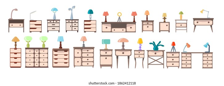 A set of cute nightstands, dressers, bureaus with electric table lights isolated on a white background. Collection of modern furniture and lamps for bedroom, office. Vector illustration in flat style.