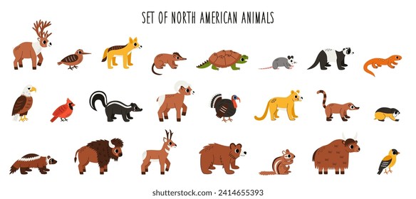 Set of cute North American animals in cartoon style isolated on white background.