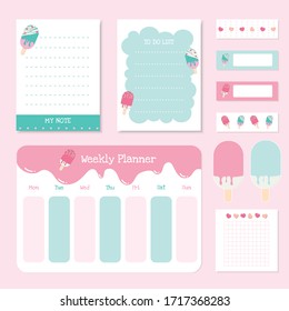 Set of cute note papers ,sticker and sticky tape. Summer collection of weekly planner and notepad. Blank post for message, to do list, memory template ,text box ,banner frame background vector.