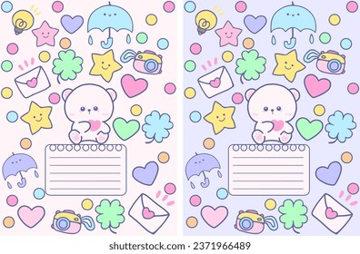 Establecer una cubierta de cuaderno lindo para niños con dibujos a mano elementos de dibujos animados kawaii animales personajes niños con un fondo morado suave rosa con osos, estrellas, correo para educación de inspiración 