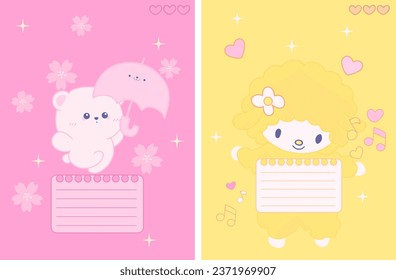 Set cute notebook cover for kids with hand drawing kawaii cartoon elements animals characters children on soft pink purple background with bears, star, mail for inspiration education 