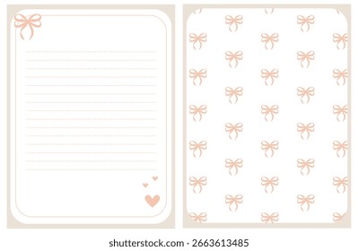 A set of a cute notebook page and a pattern with bows. Romantic flat style.