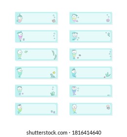 Set of cute notebook page templates. Sticky notes decorated with little mermaid kittens and sea creatures on mint background. Cute school accessories. Vector 10 ESP.