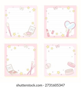 Conjunto de cuaderno lindo con cosméticos y herramientas de maquillaje marco temático, Ilustración vectorial