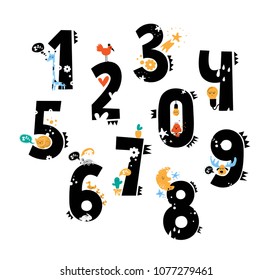 Set of cute number characters with cute animals and elements on white background. One, two, three, four, five, six, seven, eight, nine, zero. Vector illustration. For kids design and decoration.