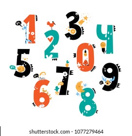 Set of cute number characters with cute animals and elements on white background. One, two, three, four, five, six, seven, eight, nine, zero. Vector illustration. For kids design and decoration.