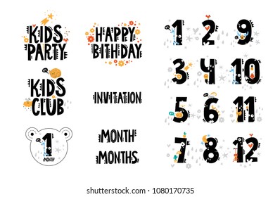 Set of cute number characters with cute animals and elements on white background. Had-drawn text Kids club, Kids party, Happy birthday, Invitation, Month. For kids design and decoration.