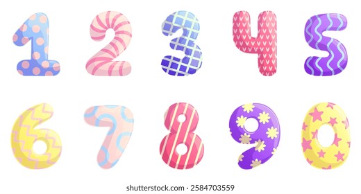 A set of cute numbers for kids. Educational colorful numbers. The concept of a children's anniversary, home decor or kindergarten. Isolated vector illustration for design, prints and patterns.