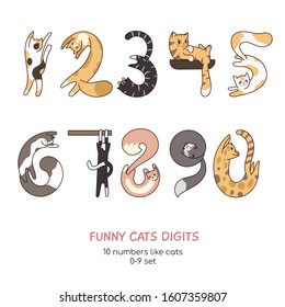 Set of cute numbers like cats characters in kawaii style. Cartoon vector illustration. Creative font design. Hand-drawn and isolated on white background. From zero to nine (0-9). Math symbols.