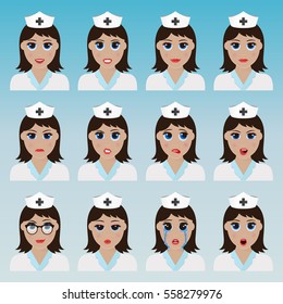 Set of cute nurse emoticons. Various emotions of the character. Set of avatar icons. Vector illustration.