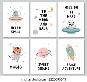 A set of cute nursery posters. Collection of space cards. Cartoon animals in spacesuits and hand-drawn phrases. Vector cosmic illustration