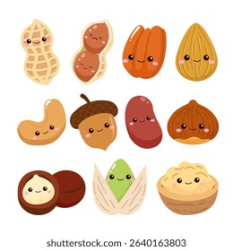 Set of cute nuts, cashew, walnut, almond, hazelnut, peanut cartoon