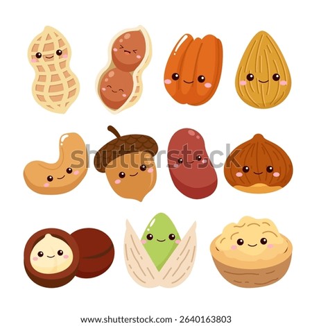Set of cute nuts, cashew, walnut, almond, hazelnut, peanut cartoon