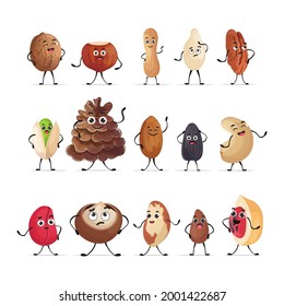 set cute nuts and seeds characters cartoon mascot personages collection healthy vegetarian food concept isolated