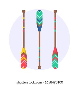 Set of cute oar paddle boat in modern flat style. Isolated wood kayak symbol. Lumbar sign for fabric pattern background. Home printable accessory. Decor vector illustration