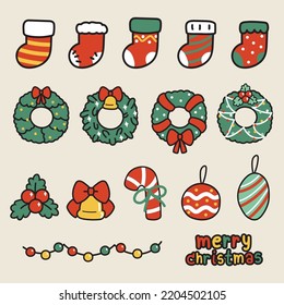 Set of cute object in christmas concept.Sock hand drawn collection.Holly.Bell.New year.Holiday.Kawaii.Vector.Illustration.