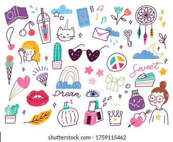 Set of cute object in doodle style, hand drawn girl things collection