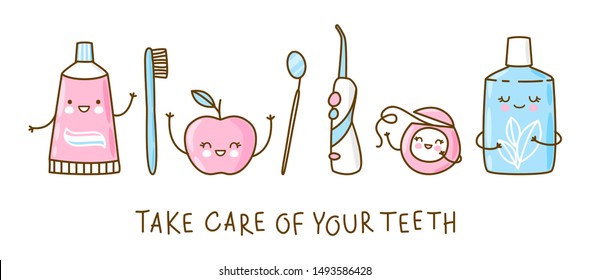 Set of cute objects for dental care isolated on white. Funny toothpaste, brush, apple, irrigator,  mirror, dental floss and mouthwash