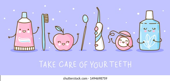 Set of cute objects for dental care on purple background - funny toothpaste, brush, apple, irrigator,  mirror, dental floss and mouthwash