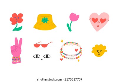 Set of cute objects in kid core style. Vector illustration on isolated background. Panama hat, peace sign, flower, heart, beads bracelets, sunglasses and cute face. Hippie retro elements. 