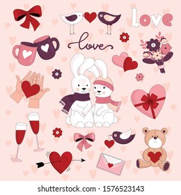 Set of cute objects for Valentine's day. Holiday decoration. Vector illustration
