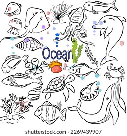 Set of cute ocean animals on white background. Vector illustration.