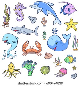 Set of cute ocean animals on white background.Vector illustration.