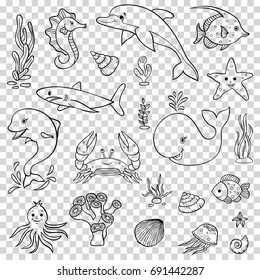 Set of cute ocean animals on white background.Temporary tattoo for kids.Vector illustration.