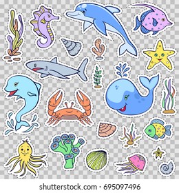 Set of cute ocean animals on white background.Stickers for scrapbooking,gift boxes,skins,cases,wallets,craft etc. Vector illustration.