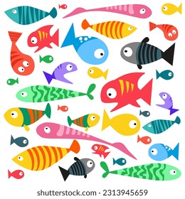 Set of cute ocean fish illustration. Fish icon. Underwater ocean fauna. Colorful cartoon fish icon for your design. Flat vector. Ocean and aquarium decoration. Fish set wallpaper for many purpose