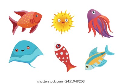 set cute Ocean marine life Various cartoon fish