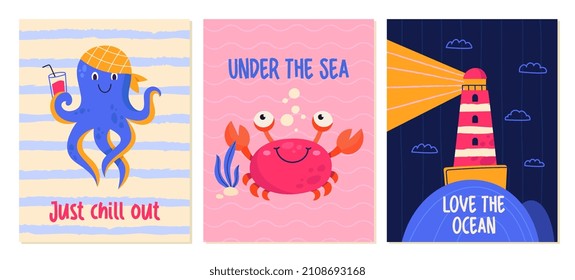 Set of cute ocean posters. Colorful art with octopus, smiling crab and large lighthouse. Design elements for postcard and wall decoration. Cartoon flat vector collection isolated on white background