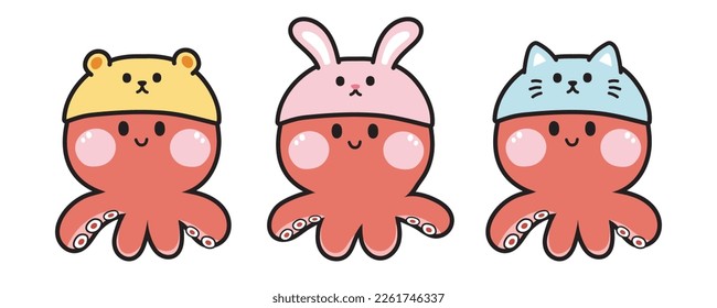 Set of cute octopus cartoon wear animal hat costume.Funny character design.Squid hand drawn.Kid graphic.Kawaii.Vector.Illustration.