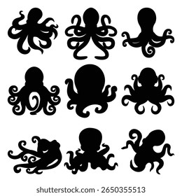 Set of Cute Octopus Silhouettes, Fun Sea Animal Vector Collection