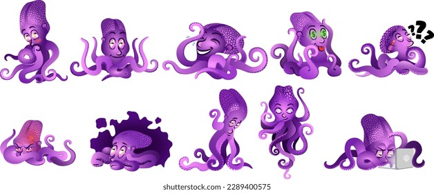 Set of cute octopus vector illustrations. Stickers, illustration, mascot, clipart.