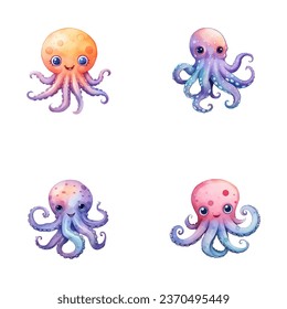 set of cute octopus watercolor illustrations for printing on baby clothes, sticker, postcards, baby showers, games and books, safari jungle animals vector