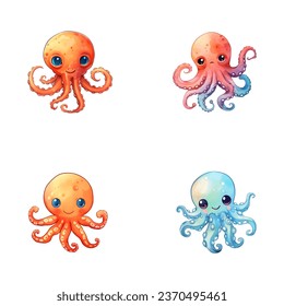 set of cute octopus watercolor illustrations for printing on baby clothes, sticker, postcards, baby showers, games and books, safari jungle animals vector