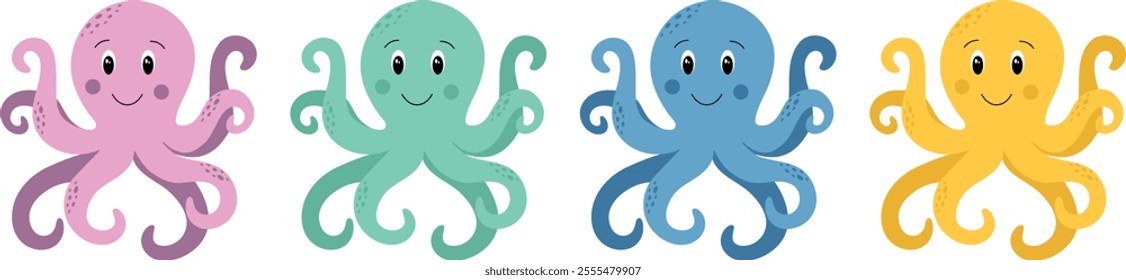 Set of cute octopuses of different colors. Vector isolated illustration.