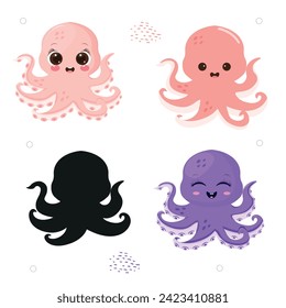  Set of cute octopuses on white background