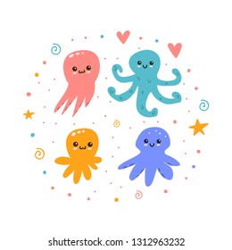 Set of cute octopuses. Vector illustration for greeting card, t shirt, print, stickers, posters design on white background.