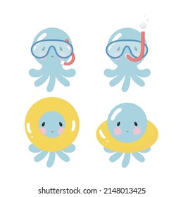 Set of cute Octopuses. Vector illustration in cartoon style. Sea characters.