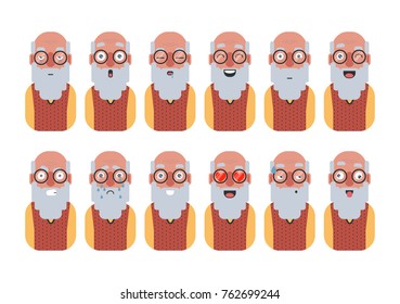 Set of cute old man's emotions. Vector flat cartoon design of facial expressions.