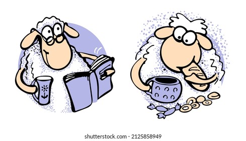 Set cute old ram with bible book and plump lamb with yummy and biscuits and cup