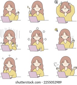 A set of cute older sisters who use computers Color
