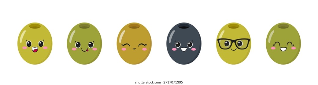 Conjunto lindo oliva, personaje de dibujos animados divertido, cara sonriente feliz, emociones alegría deleite, ojos grandes, estilo kawaii, Ilustración vectorial plana.