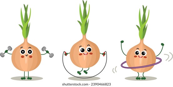 Set of cute onion mascot make gym
