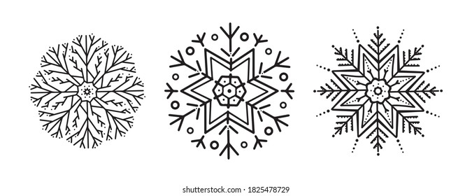 Set of cute openwork snowflakes on a white background. Thin line black line art snowflakes isolated. Detailed ornamental snow patterns for the design of greeting cards, invitations, posters, banners