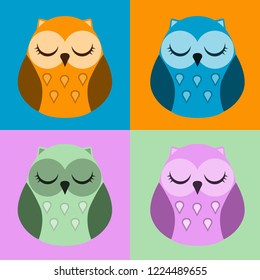 Set of cute orange blue green pink sleeping sleep owls vector illustration